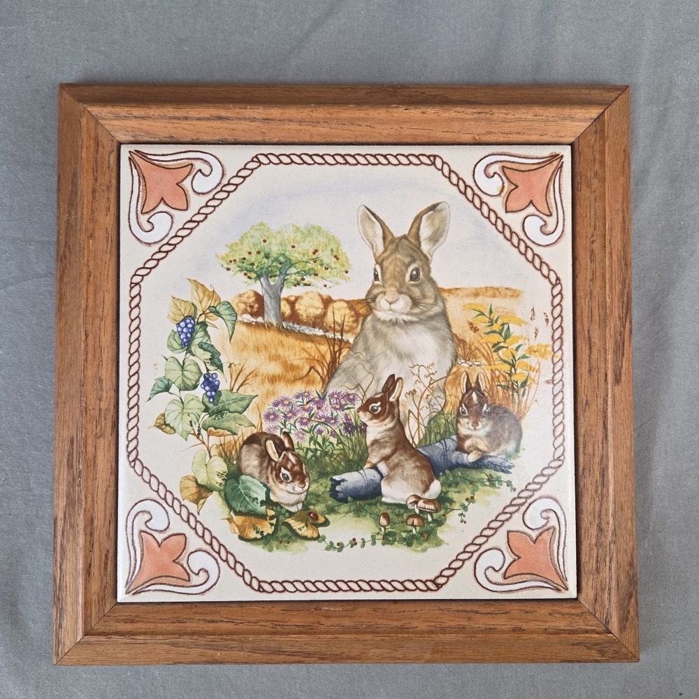 Rabbit Family Frank La Rosa Hand Painted Framed Tile Folk Cottagecore‎ Wall Art